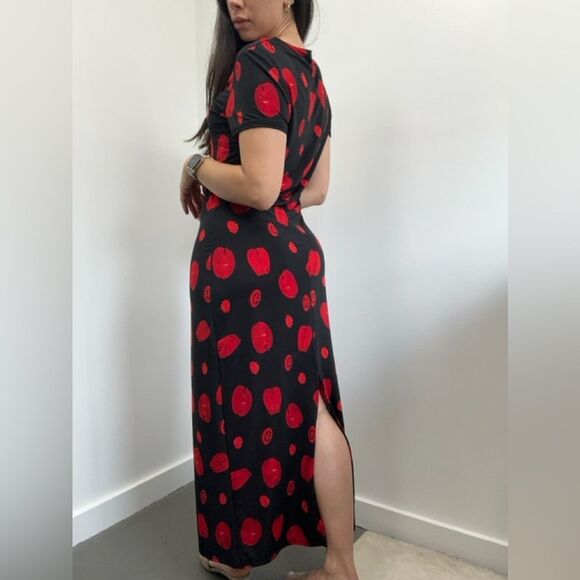 Vintage 90’s Black & Red Fruit Print Short Sleeve Body Con Maxi Slip Dress M - Picture 2 of 7